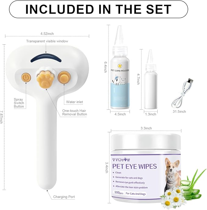 Pet Steam Brush for Dog &amp; Cat–3-in-1 Spray Hair Removal Comb–Steam Brush for Shedding &amp; Grooming–Water Brushes for Long &amp; Short Haired Pets–Spritz Defur Comb–Includes Waterless Shampoo &amp; Eye Wipes