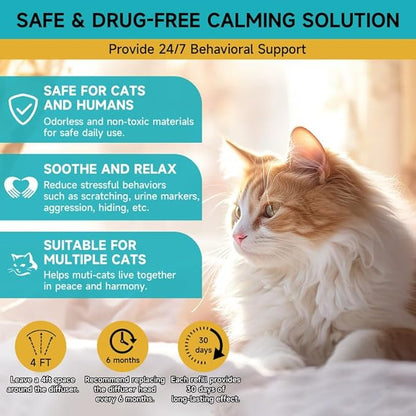 Cat Calming Diffuser - Cat Pheromones Calming Diffuser for Cat Anxiety Relief 6-in-1 Cat Pheromone Diffuser Kit with 2 Diffuser + 4 Refill 48ml Vial - 120 Days Pheromone Diffuser to Calm Cats