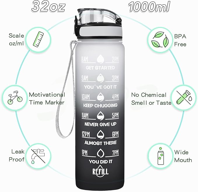 Enerbone Water Bottle, Leakproof BPA &amp; Toxic Free, Motivational Water Bottle with Times to Drink and Straw, Fitness Sports Water Bottle with Strap for Office, Gym, Outdoor Sports