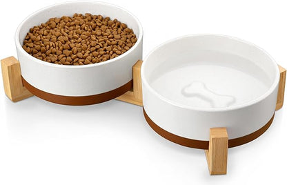MALACASA Ceramic Dog Bowls, Dog Bowls for Medium Sized Dogs with Wood Stand - Pet Food &amp; Water Bowl Set for Cat Medium Dogs, Weighted Glaze Matte.34 OZ (M-3.5 Cups)