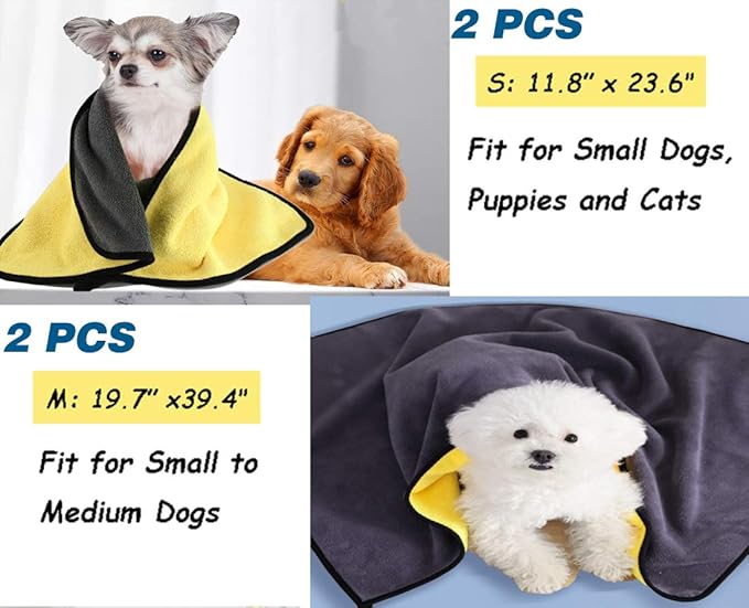 2 Pack Dog Towels Super Absorbent Pet Bath Towel Microfiber Dog Drying Towel for Small Dogs and Cats, Machine Washable, 11.8Inch x 23.6Inch, Yellow-Grey &amp; Green-Grey