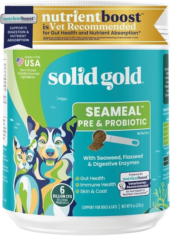 Solid Gold SeaMeal Cat Probiotic &amp; Dog Probiotics for Digestive Health - Kelp Powder Dog &amp; Cat Multivitamin Supplement w/Prebiotics &amp; Digestive Enzymes for Skin, Coat, &amp; Gut + Immune Support - 8oz