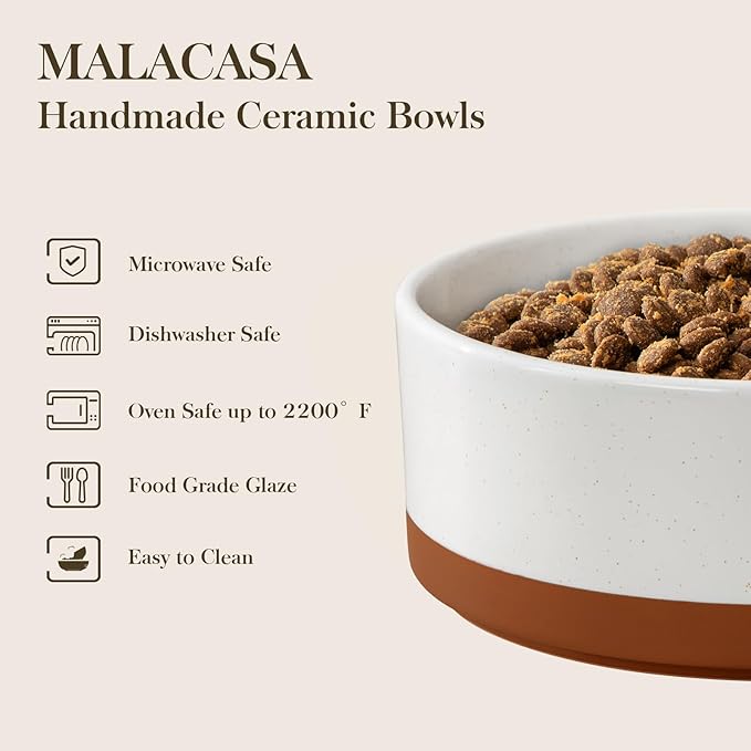 MALACASA Ceramic Dog Bowls, Dog Bowls for Medium Sized Dogs with Wood Stand - Pet Food &amp; Water Bowl Set for Cat Medium Dogs, Weighted Glaze Matte.34 OZ (M-3.5 Cups)