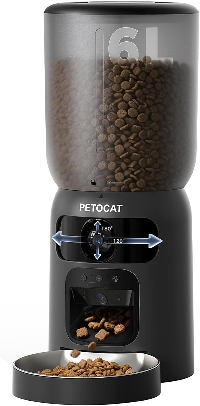 AI Cat Feeder with Dual Cameras (1 Adjustable), 2K HD Night Vision, 5G/2.4G WiFi, 6L Automatic Pet Feeder with APP Control, Laser Interactive Toy, Two-Way Audio &amp; Scheduled Feeding