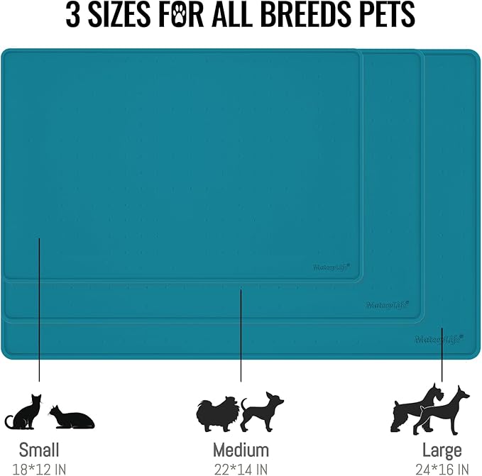 MateeyLife Dog &amp; Cat Food Water Mat for Floors Waterproof, Nonslip Pets Bowl Feeding Mats with Raised Edges, Silicone Matt Tray for Messy Drinkers, 18"x12", Teal