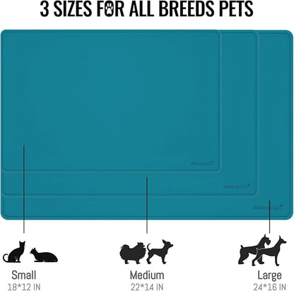 MateeyLife Dog &amp; Cat Food Water Mat for Floors Waterproof, Nonslip Pets Bowl Feeding Mats with Raised Edges, Silicone Matt Tray for Messy Drinkers, 18"x12", Teal