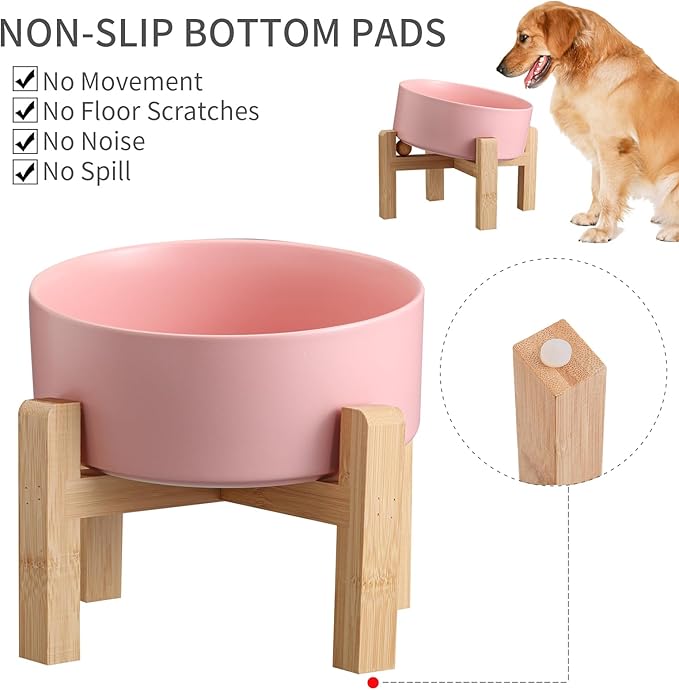 Pink Elevated/Raised 15°Tilted Anti Slip Ceramic Dog Bowl for Medium &amp; Large Breeds,Slanted Bulldog Big Face Pet Food Water Feeding Dish with Stand (7.6 Cups/60OZ)