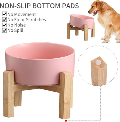 Pink Elevated/Raised 15°Tilted Anti Slip Ceramic Dog Bowl for Medium &amp; Large Breeds,Slanted Bulldog Big Face Pet Food Water Feeding Dish with Stand (7.6 Cups/60OZ)