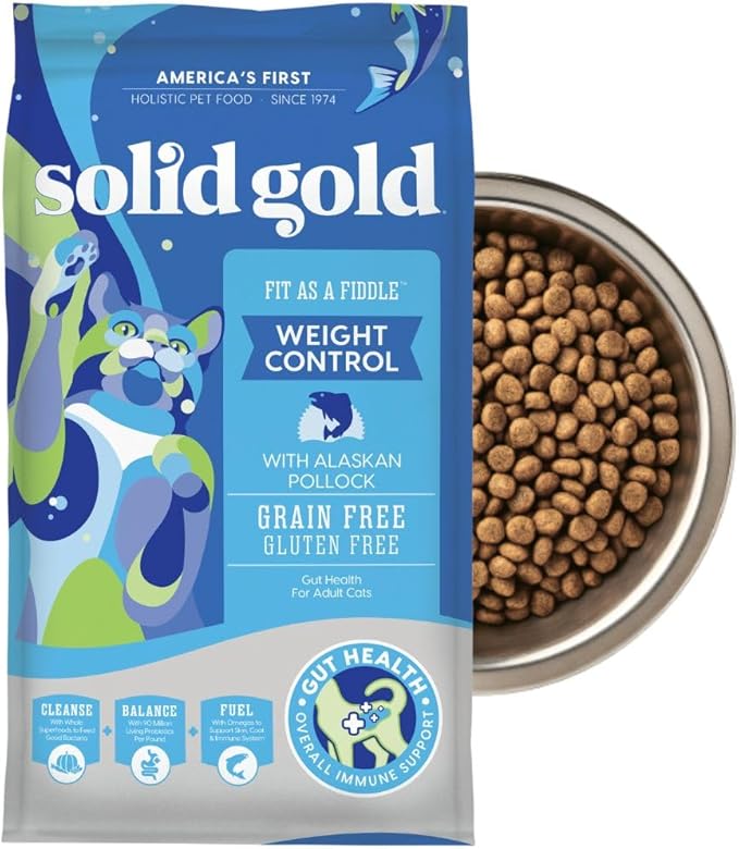 Solid Gold Weight Management Cat Food for Adults - Grain Free &amp; Gluten Free Dry Cat Food Indoor &amp; Outdoor Recipe for Healthy Weight w/Alaskan Pollock &amp; Probiotics for Gut Health &amp; Digestion - 12 LB