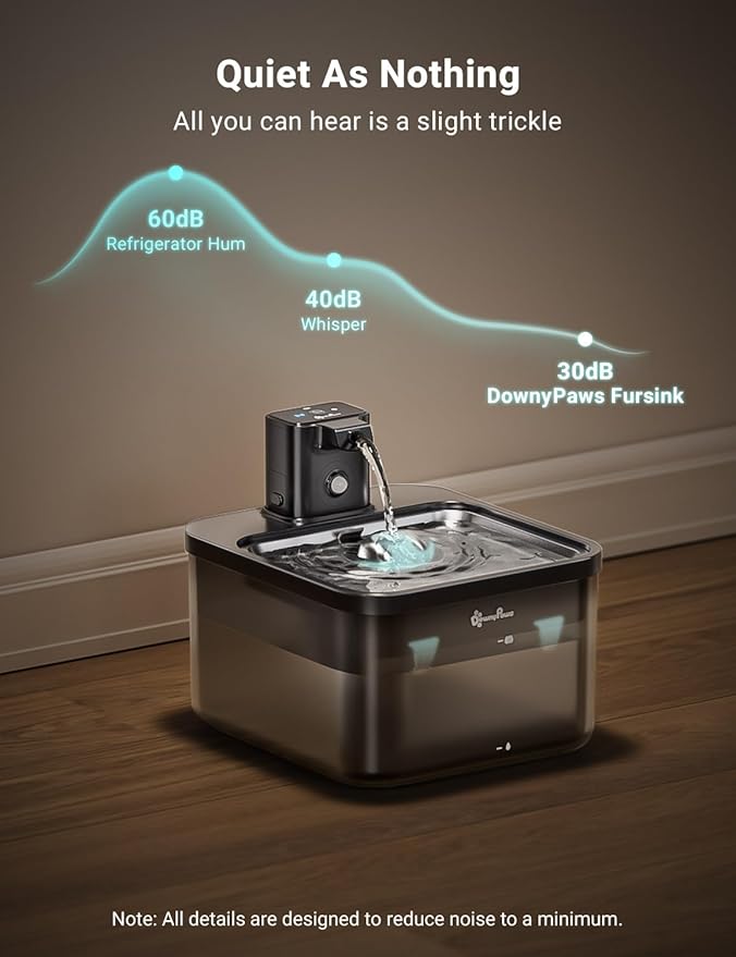 DownyPaws Cat Water Fountain Stainless Steel Cordless, 84oz/2.5L Fursink Wireless Pet Water Fountains for Cats Indoor, Battery Operated Cat Drinking Fountain, Ultra Quiet Pump, BPA-Free, Black