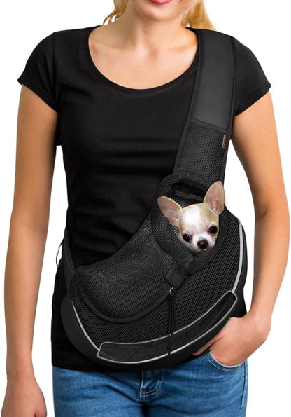 YUDODO Pet Sling Carrier for Small Dogs &amp; Cats – Hands-Free Puppy Carrier with Safety Hook, Large Zipper Pocket, Soft Breathable Mesh, Adjustable Strap &amp; Reflective Strip (Black 3.0 S)