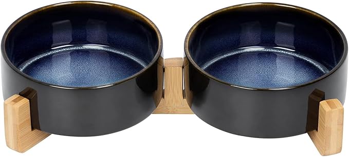 SPUNKYJUNKY Ceramic Dog and Cat Bowl Set with Wooden Stand, Modern Cute Weighted Food Water Set for Small Size Dogs (13.5OZ) &amp; Medium Sized Dogs (28.7OZ) &amp; Cats (1.7 Cups, 2 × Starry Blue)