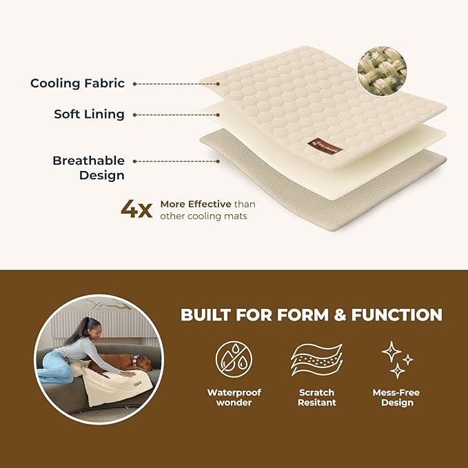 Dog Cooling Mat- Ice Silk Summer Comfort, Self Cooling, Non-Slip Dog Pad, Durable &amp; Washable, Mat for Small Dogs 45x55 cm, Support Shelter Dogs with Every Purchase (Beige)