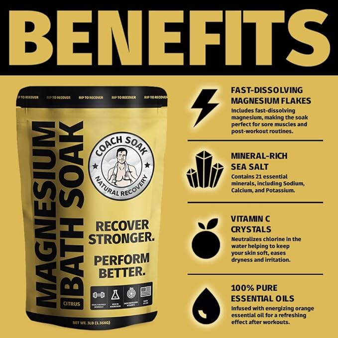 Coach Soak Recovery Bath Soak - Faster Absorption Than Epsom Salt for Pain - Rejuvenating Magnesium Flakes with 21 Minerals, Essential Oils &amp; Bath Salts, 3lbs (Energizing Citrus)