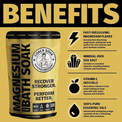 Coach Soak Recovery Bath Soak - Faster Absorption Than Epsom Salt for Pain - Rejuvenating Magnesium Flakes with 21 Minerals, Essential Oils &amp; Bath Salts, 3lbs (Energizing Citrus)
