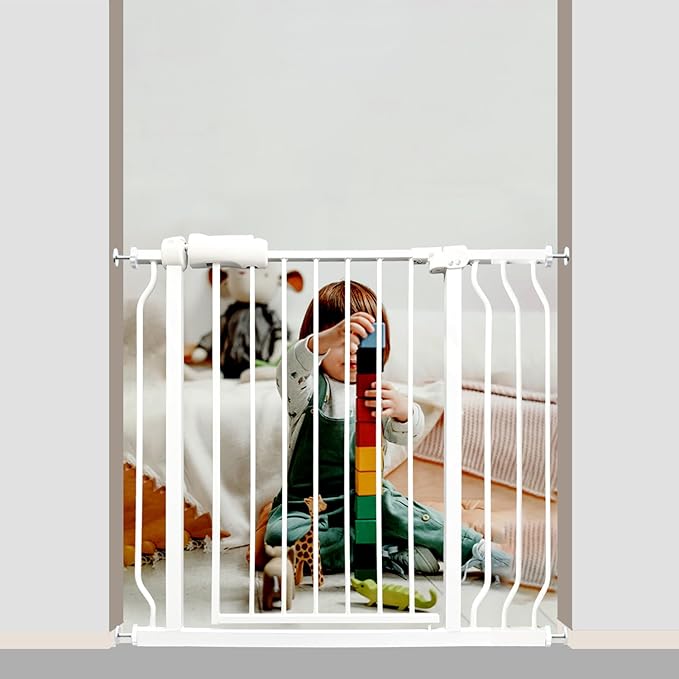 Walk Through Baby &amp; Dog Gate 29-38.5 Inch, Pressure Mounted No Drilling, Adjustable Indoor Safety Gate for Stairs &amp; Doorways - Metal Design for Kids and Pets, White