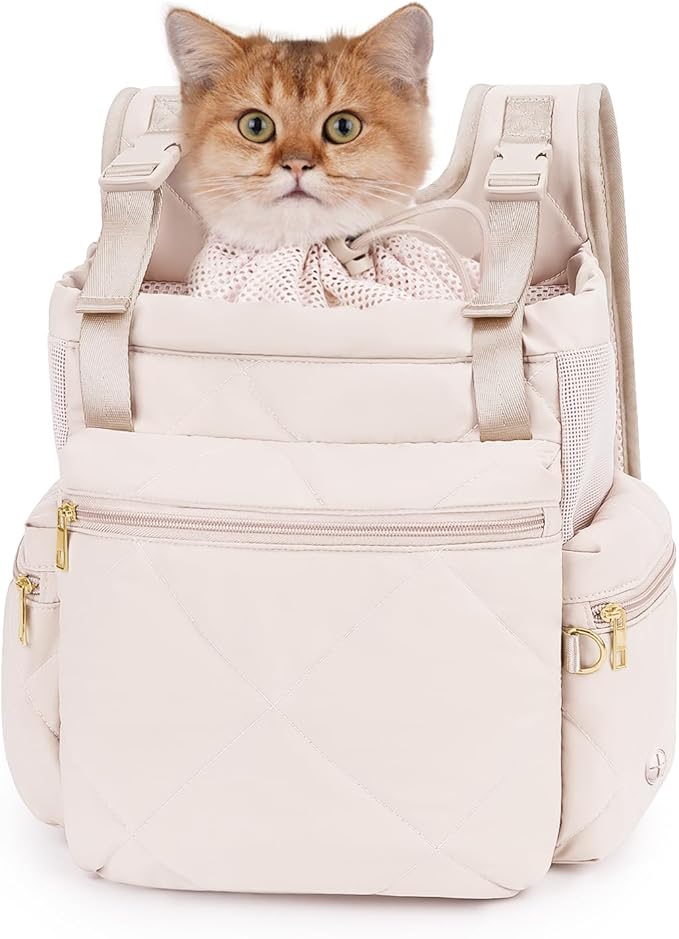 OFY Cat Carrier Puffy Backpack Breathable Small Dog Front Backpack Large Space for Small Dogs, Drawstring &amp; Water-Resisant Pet Bag for Travel Hiking, Beige Gray Patent Pending