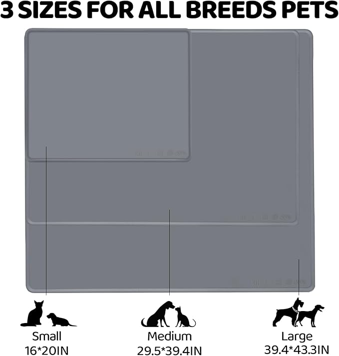 KVK Extra Extra Large Silicone Dog Food Mat 39.4×43.3in and 128oz Silicone Bag Set, Super Size Waterproof Pet Feeding Mat &amp; Container, Non-Slip, Chew-Resistant Floor Protection (Dark Grey&amp;Clear)