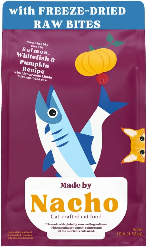 Made by Nacho Dry Cat Kibble 10lb Bag, High Protein Premium Cat Food with Freeze Dried Pieces, Sustainably-Caught Salmon, Whitefish &amp; Pumpkin, Limited Ingredients, Single Bag
