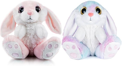My OLi Bunny Stuffed Animal Pack of 2 Plush Rabbit 7in Stuffed Bunny with Floppy Ear Bedtime Friend Soft Toy Gifts for Girls Boys Kids, Pink &amp; Rainbow