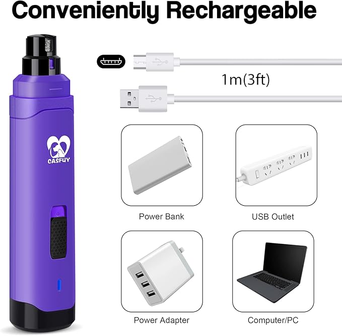 Casfuy Dog Nail Grinder Upgraded - Professional 2-Speed Electric Rechargeable Pet Nail Trimmer Painless Paws Grooming &amp; Smoothing for Small Medium Large Dogs &amp; Cats (Purple)