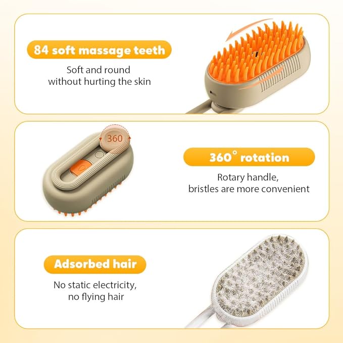 3-In-1 Rechargeable Steamy Cat Brush, Deep Cleaning &amp; Hair Removal System with Rotating Handle, 360° Massage for Cats &amp; Dogs (White)
