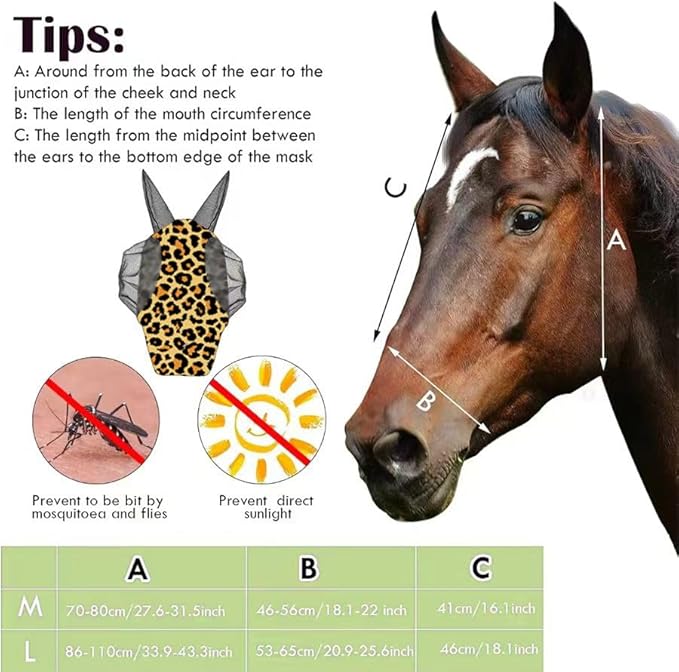 Horse Fly Mask with Ears - Comfort Fit, Durable &amp; Breathable, Easy to on/Off | UV Protection, Large Eye Space, Stretchy Leopard Print (2pcs Medium, Tangle-Free)