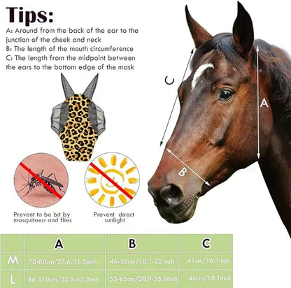 Horse Fly Mask with Ears - Comfort Fit, Durable &amp; Breathable, Easy to on/Off | UV Protection, Large Eye Space, Stretchy Leopard Print (2pcs Large, Tangle-Free)