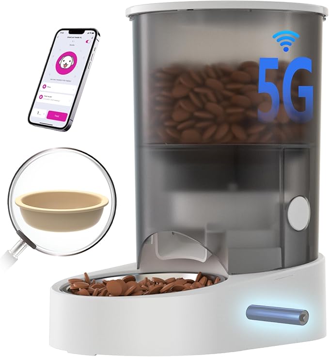 PAPIFEED Automatic Cat Feeder, 4L Auto Dog Cat Feeder with Rechargeable Battery &amp; Dual-Band WiFi (2.4G &amp; 5G), Automatic Pet Food Dispenser for Outdoor Travel Home - Ceramic Bowl Included