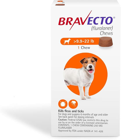 BRAVECTO Chew for Dogs, Flea &amp; Tick, 1 Chew, 12 Week Supply, 9.9-22 lbs., Orange Box