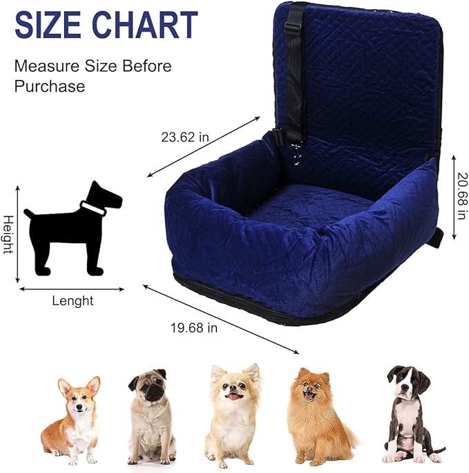 Dog Car Seat for Small Medium Dogs Up to 40lbs, Detachable Washable Soft Pet Booster Travel Bed for Front &amp; Blue Seat with Safety Leash Belt
