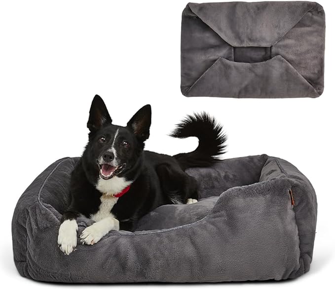 FUZI Luxury Aesthetic Dog Bed with Extra Cover for Medium Dogs, Washable Pet Couch, Pet Bed with Sides, Non-Slip Bottom, Soft &amp; Durable Calming Dog Bed, Faux Fur, Medium 31.75x23.6x9.5 Dark Grey