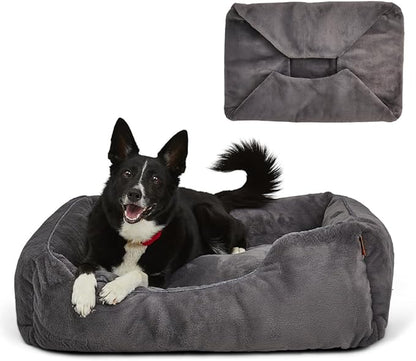 FUZI Luxury Aesthetic Dog Bed with Extra Cover for Medium Dogs, Washable Pet Couch, Pet Bed with Sides, Non-Slip Bottom, Soft &amp; Durable Calming Dog Bed, Faux Fur, Medium 31.75x23.6x9.5 Dark Grey
