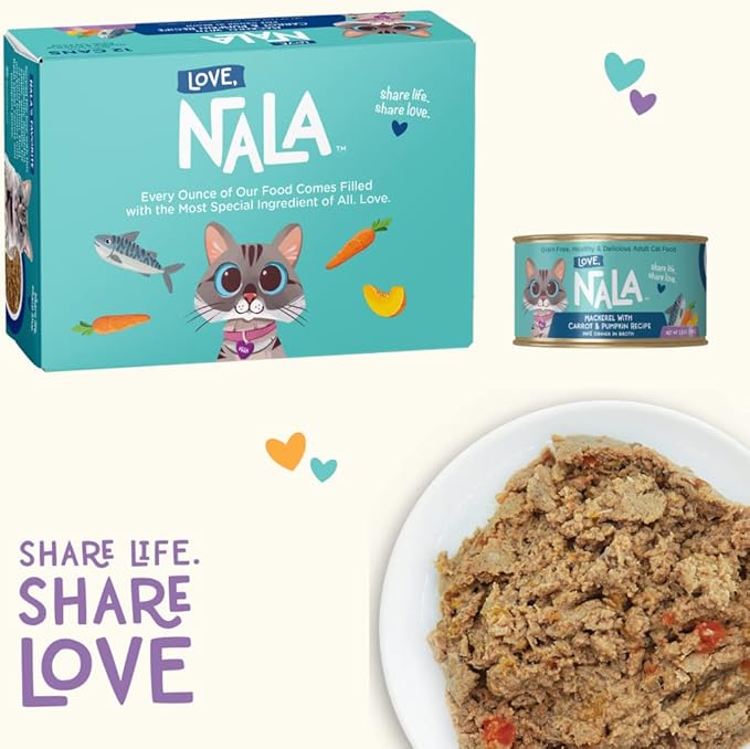 LOVE, NALA - Natural Adult Cat Wet Food - Pate Mackerel with Carrot &amp; Pumpkin Recipe- Grain Free, Non-GMO, Lean Protein, Omega 3, Digestive Fiber Blend, Added Minerals &amp; Vitamins - 12 Pack 2.4 lbs.