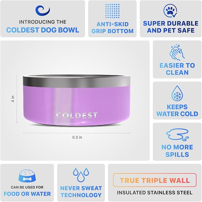 Coldest Dog Bowl - Anti Rust Metal, Non Slip, 3 Layers Insulated Stainless Steel Dog Bowls - Spill Proof &amp; Heavy Duty - Water Bowl for Dogs, Cats, Dish Washer Safe (100 oz, Saturns Purple Glitter)