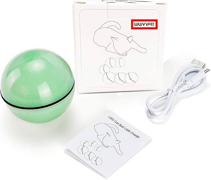 WWVVPET Interactive Cat Toy With LED Light, 360 Degree Self Auto Rotating Smart Ball, USB Rechargeable Spinning Toy, Stimulate Hunting Instinct for Kittens, Funny Chaser Roller Pet Toy