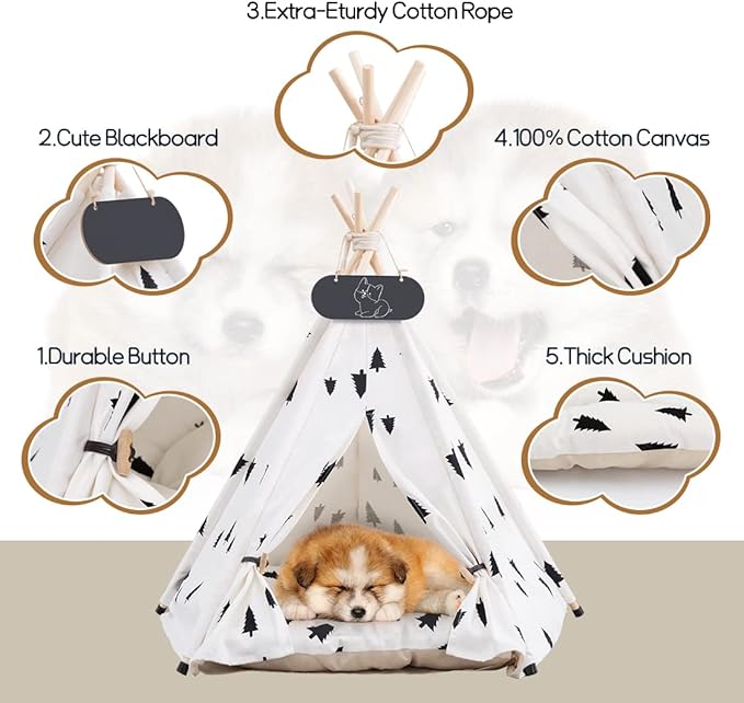 Pet Teepee Tent for Dogs &amp; Cats Dog Bed with Thick Cushion Puppies Play House Removable and Washable