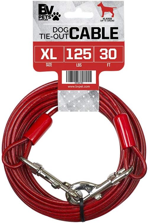 BV Dog Tie Out Cable 30 Feet - Heavy Duty Dog Lead Up to 125 Pounds - Reflective &amp; Rust-Free with Quick Release Swivel Clips &amp; 360° Rotating Clasp - Tangle-Free Dogs Runner for Yard (Red, Single)