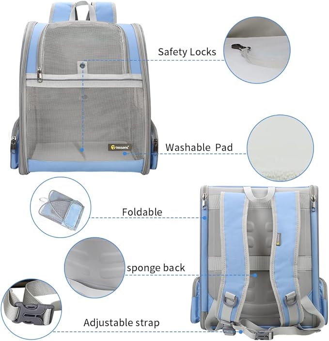 Texsens Pet Backpack Carrier for Small Cats Dogs | Ventilated Design, Safety Straps, Buckle Support, Collapsible | Designed for Travel, Hiking &amp; Outdoor Use (Blue)