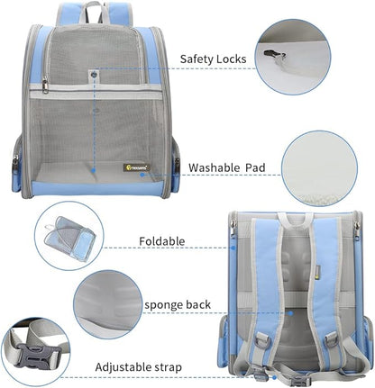 Texsens Pet Backpack Carrier for Small Cats Dogs | Ventilated Design, Safety Straps, Buckle Support, Collapsible | Designed for Travel, Hiking &amp; Outdoor Use (Blue)