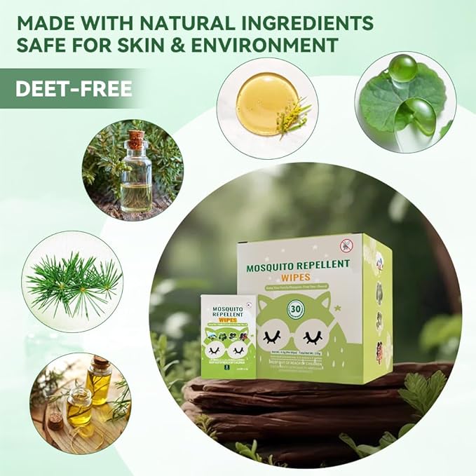 30 PCS Mosquito Repellent Wipes, Individually Wrapped Insect Repellent Wipes Made of Natural Plant-Based Essential Oils, Safe &amp; Effective Insect Protection Perfect for Outdoor Activities, Long-Lasting