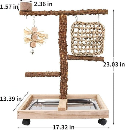 Natural Wood Parrot Stand - Ideal Toy &amp; Accessory for Parakeets, Canaries, Cockatiels, Conure, Lovebirds - Bird Perch Stand with Removable Tray Climbing Net Chewing Toys- Perfect Pet Birds Playstand