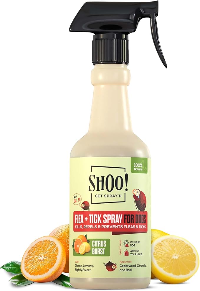 Shoo! Flea &amp; Tick Spray for Dogs and Home | Plant Based, Natural Oils, Chemical Free Formula | Kills, Repels, Prevents | 16 oz (Citrus Burst)