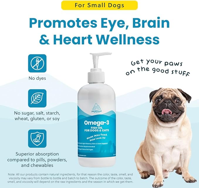 Wild-Caught Omega 3 Fish Oil for Dogs &amp; Cats, Liquid EPA DHA Supplement for Skin, Coat, Joints &amp; Heart, Low-Odor Omega 3 Drops for Small Dog Breeds &amp; Cats with Itchy Skin, 16 oz