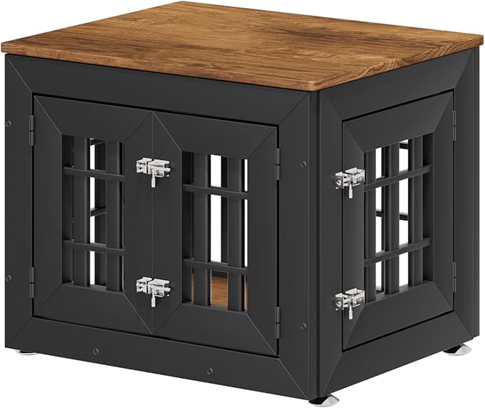 26" Heavy Duty Dog Crate Furniture for Small,Medium and Large Dogs,Rustic Wooden Dog Cage Kennel Indoor Furniture with Waterproof Top,Decorative Pet House Side End Table (Black &amp; Wood)