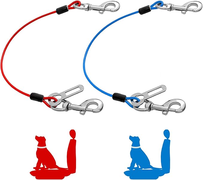 Dog Seat Belt Harness for Car,2pcs Dog Seatbelt of Coated Wire Leash Safety Restraint,No Chew Tether Cable Vehicle Dog Accessories,Double Clips &amp; Latch (2 Pack Red+Blue, 32 inch/80 CM)