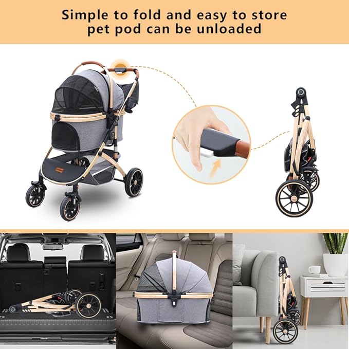 Pettingzoo Dog stroller with 4 Wheels, Folding Cat Stroller for Small/Medium/Large dogs &amp; cats to 60 lbs, pet stroller with removable carrier, Storage BasketCup Holder,3 in1 Multifunctional Detachable