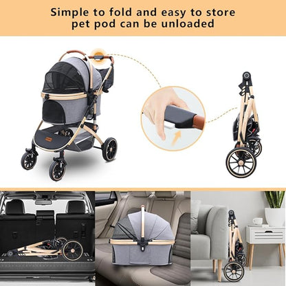 Pettingzoo Dog stroller with 4 Wheels, Folding Cat Stroller for Small/Medium/Large dogs &amp; cats to 60 lbs, pet stroller with removable carrier, Storage BasketCup Holder,3 in1 Multifunctional Detachable