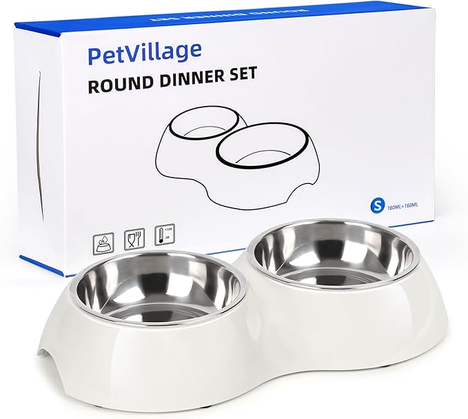 Stainless Steel Dog Bowls Set – Dual Non-Slip Pet Dishes with 2 Small (4oz*2) Bowls &amp; Durable Resin Stand,Food &amp; Water Feeder for Puppies, Kittens, and Small Breed Dogs– White