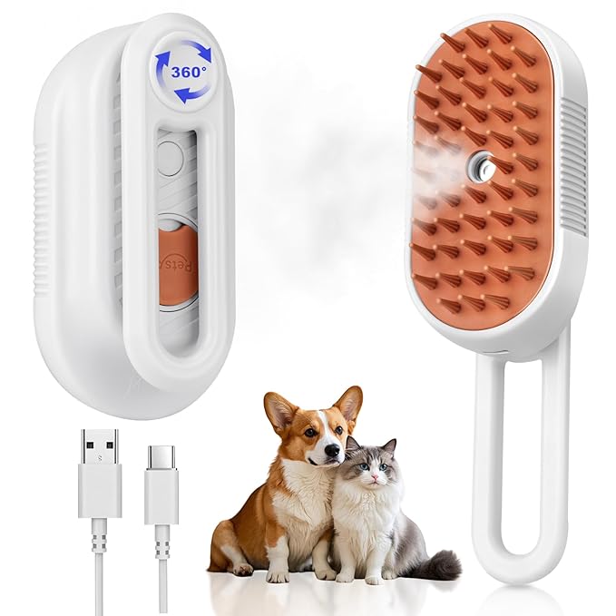 Steam Brush for Cat &amp; Dog – 3-in-1 Spritz Pet Spray Hair Removal Comb for Grooming &amp; Shedding Steam – Water Brush for Long &amp; Short Haired Pets